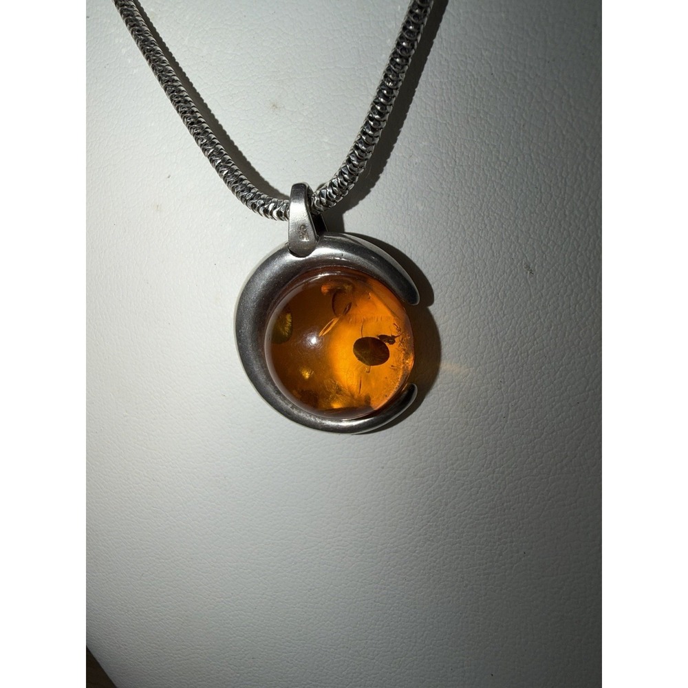 Handmade Amber Medallion Sterling Necklace 925 Moon Circle